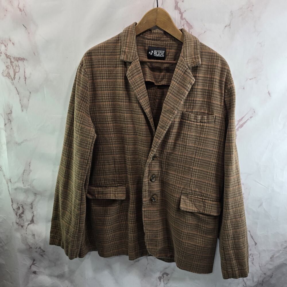 Rude Blazer Mens Large Brown Flannel Plaid Elbow Patches Hot Topic Suede